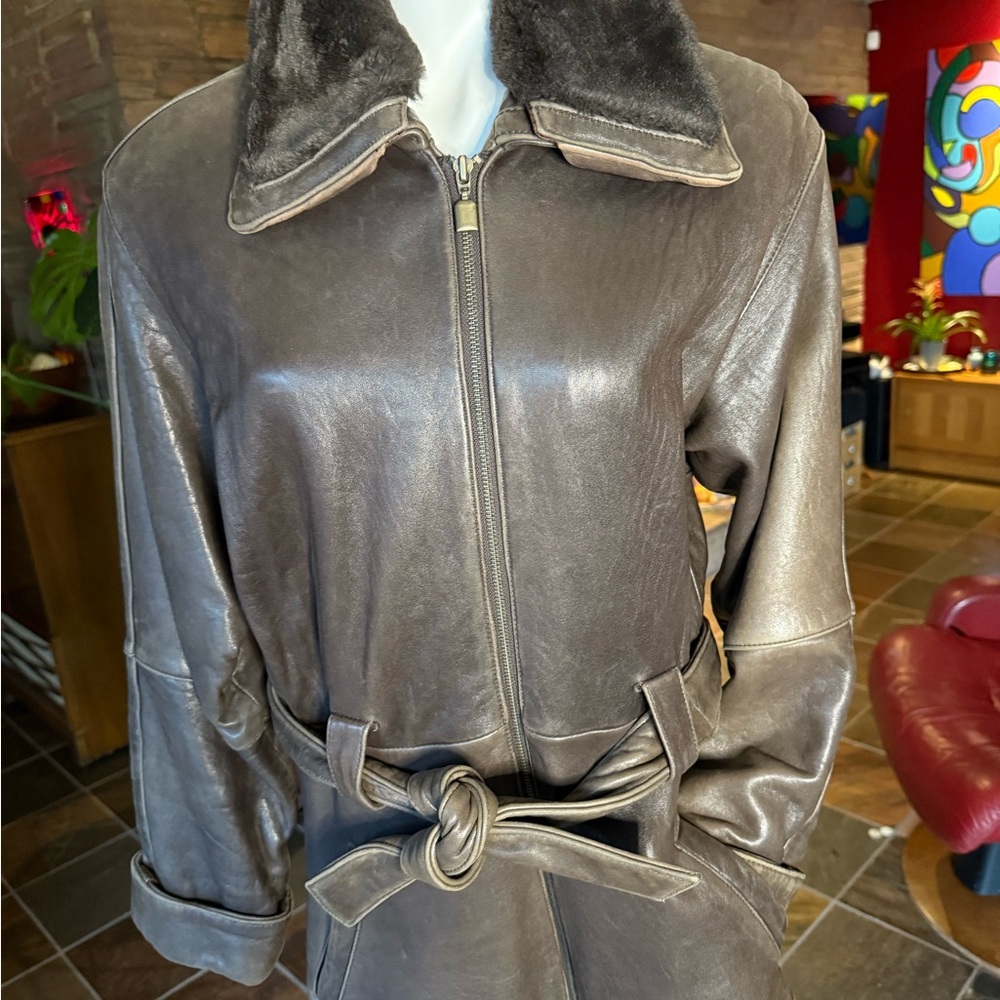 Women's Gray Leather Jacket with Faux Fur Collar